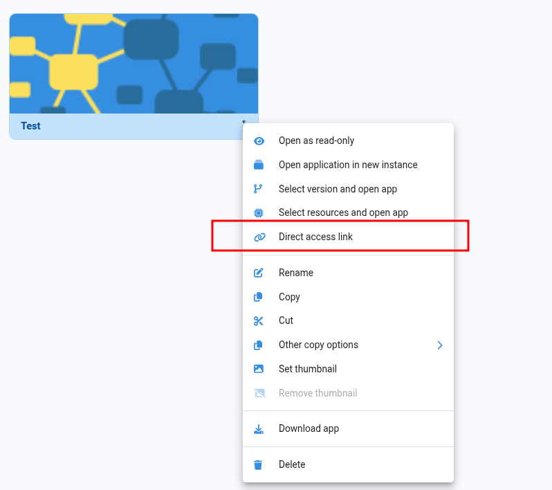 Direct access link option in the application menu