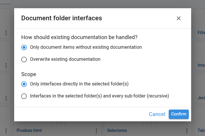 Folder documentation options dialog