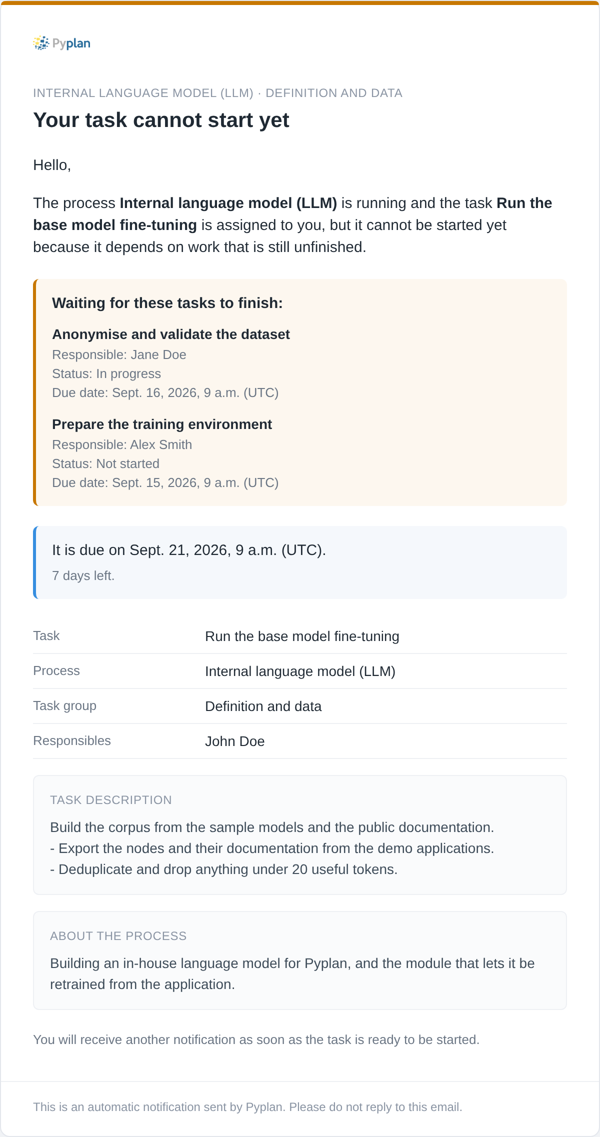 Task waiting for a blocking task email