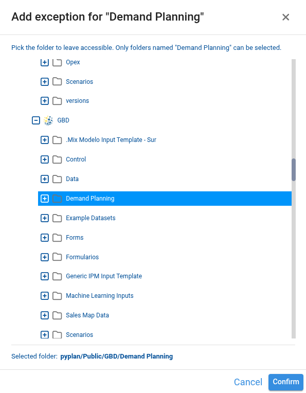 Selecting the folder to exempt
