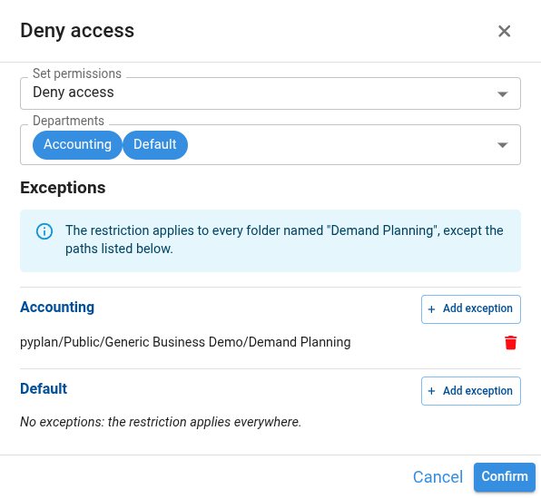 Exceptions in the folder permissions dialog