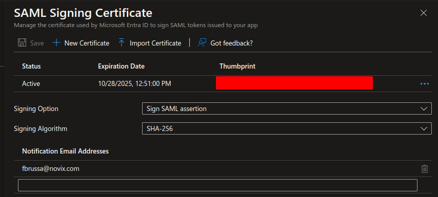Sign SAML assertion — mandatory setting