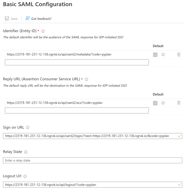 SAML configuration example