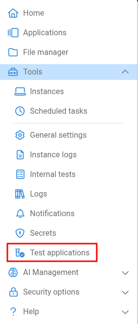 Test Applications menu option